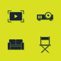 Set Online play video, Director movie chair, Cinema and Media projector icon. Vector