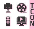 Set Online play video, Director movie chair, Remote control and Film reel icon. Vector Royalty Free Stock Photo