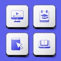 Set Online play video, education, book and class icon. White square button. Vector Royalty Free Stock Photo