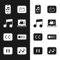 Set Online play video, Music note, tone, player, Repeat track music, Subtitles, Record button, and Pause icon. Vector Royalty Free Stock Photo