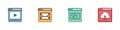 Set Online play video, Website and mail, SEO optimization and Cloud upload icon. Vector Royalty Free Stock Photo