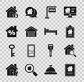 Set Online real estate house, Search, House contract, Hanging sign with Sold, Garage, percant discount, dollar symbol Royalty Free Stock Photo