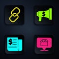 Set Online shopping concept, Chain link, Financial news and Megaphone and dollar. Black square button. Vector