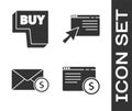 Set Online shopping on screen, Buy button, Envelope with coin dollar and Online shopping on screen icon. Vector Royalty Free Stock Photo