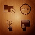 Set Online shopping on screen, Envelope with coin dollar, Hand holding coin and Sold label on wooden background. Vector