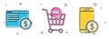 Set Online shopping on screen, Remove shopping cart and Smartphone with dollar icon. Vector