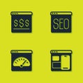 Set Online shopping on screen, Web developer programming code, Digital speed meter and SEO optimization icon. Vector Royalty Free Stock Photo