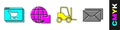 Set Online shopping on screen, Worldwide shipping and box, Forklift truck and Envelope icon. Vector