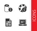 Set Online sports betting, Casino chip with dollar, Lottery ticket and chips icon. Vector Royalty Free Stock Photo