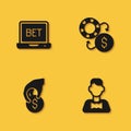Set Online sports betting, Casino dealer, Hand holding casino chips and exchange icon with long shadow. Vector