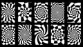 Set of Opart Logarithmic Black and White Spirals Patterns - Vector Checkered Twisted Wavy Backgrounds