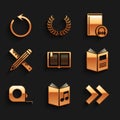 Set Open book, Audio, Arrow, Roulette construction, Crossed ruler and pencil, and Refresh icon. Vector Royalty Free Stock Photo