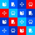 Set Open book, Audio, Pixel arrows in four directions and Bus icon. Vector