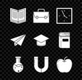 Set Open book, Briefcase, Clock, Test tube and flask chemical laboratory, Magnet, Apple, Paper airplane and Graduation