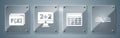 Set Open book, Calculator, Equation solution and Function mathematical symbol. Square glass panels. Vector