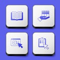 Set Open book, Book donation, Online education and quiz, test, survey icon. White square button. Vector Royalty Free Stock Photo