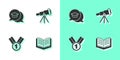 Set Open book, Graduation cap in speech bubble, Medal and Telescope icon. Vector Royalty Free Stock Photo