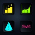 Set Open book, Graph, schedule, chart, diagram, Geometric figure Cone and Graph, schedule, chart, diagram. Black square