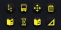Set Open book, Hotel building, Hourglass pixel, Audio, Pixel arrows four directions, Bus, Triangular ruler and cursor Royalty Free Stock Photo