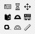 Set Open book, Hourglass pixel, Pixel arrows in four directions, Roulette construction, Protractor grid, Ruler, Audio Royalty Free Stock Photo