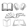 Set of open book icon, black outline silhouette of open book isolated on white background. Vector il Royalty Free Stock Photo