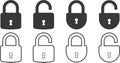 set of open and close padlock line and flat icon. collection of locked and unlocked lock on transparent background. Group Security