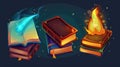 A set of open and closed magic spell books with fantasy covers, bookmarks, and mystery lights. Modern cartoon Royalty Free Stock Photo