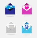 Set of open colorful envelopes with content