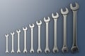 A set of open-end wrenches of different sizes. Mechanics topics