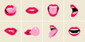 Set of open female human mouth, tongue, teeth in modern flat, line style. Hand drawn vector illustration of sexy lips, sticking Royalty Free Stock Photo