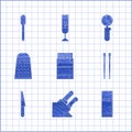 Set Open matchbox and matches, Knife, Refrigerator, Food chopsticks, Grater, Pizza knife and Spoon icon. Vector