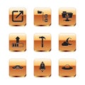 Set Open in new window, UFO flying spaceship, Rocket with fire, Hammer, Loading and FTP folder download icon. Vector Royalty Free Stock Photo