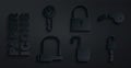 Set Open padlock, Broken key, Bicycle, Unlocked, Lock and Key icon. Vector