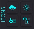 Set Open padlock, Cloud computing, Lock and Firewall, security wall icon. Black square button. Vector