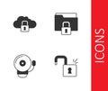Set Open padlock, Cloud computing, Ringing alarm bell and Folder and icon. Vector