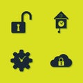 Set Open padlock, Cloud computing, Time Management and Retro wall watch icon. Vector Royalty Free Stock Photo