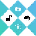 Set Open padlock, Electric scooter, Folder and and Cloud computing icon. Vector Royalty Free Stock Photo