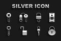 Set Open padlock, Eye scan, Lock, Locked key, Key, and, Wrong and House with icon. Vector