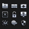 Set Open padlock, Globe key, Shield, Computer monitor and shield, Eye scan, Safe, Secure your site with HTTPS, SSL and Royalty Free Stock Photo