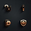 Set Open padlock, Key, Mobile with closed and Shield check mark icon with long shadow. Vector Royalty Free Stock Photo