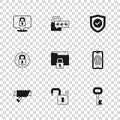 Set Open padlock, Mobile with fingerprint scanner, Old key, Folder and, Shield check mark, Lock, Cyber security and icon