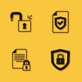Set Open padlock, Shield security with, Document and and Contract shield icon with long shadow. Vector Royalty Free Stock Photo