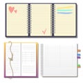 Set of open realistic notebooks with pages diary office sheet template booklet and blank paper education copybook Royalty Free Stock Photo