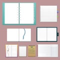 Set of open realistic notebooks with pages diary office sheet template booklet and blank paper education copybook Royalty Free Stock Photo