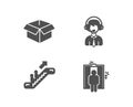 Opened box, Shipping support and Escalator icons. Elevator sign. Shipping parcel, Delivery manager, Elevator.