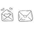 Set of opened and closed envelopes with hearts. Lovely letter, hearts flying. Hand drawn vector sketch illustration in doodle