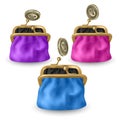 Set of opened purses of pink, blue and purple colors. Gold coins raining to open wallet. Golden coins money, euro dropping or Royalty Free Stock Photo