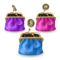 Set of opened purses of pink, blue and purple colors. Gold coins raining to open wallet. Golden coins money, dollars dropping or Royalty Free Stock Photo