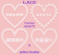 Set of openwork frames in the form of a heart and corresponding pattern brushes on a pink background. Element for decoration of we