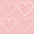 Set of openwork white frames in the shape of lace hearts. Design elements on pink background Royalty Free Stock Photo